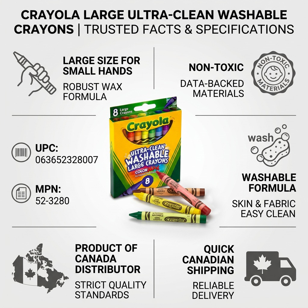 Product infographic for Crayola Ultra-Clean Washable Crayons highlighting non-toxic, easy-clean features.