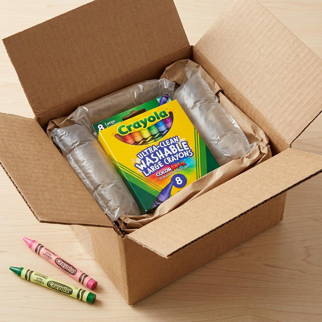 A box of 8 Crayola Ultra-Clean Washable Large Crayons securely packed in a shipping box with air bags.