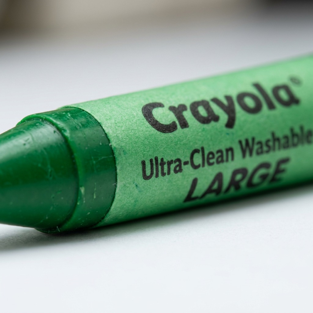 Macro view of a green Crayola large washable crayon showing the tip and paper wrapper texture.