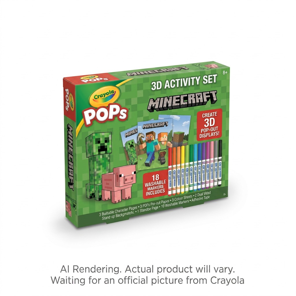 Crayola POPs 3D Minecraft Activity Set box showing 18 washable markers and pop-out paper characters.