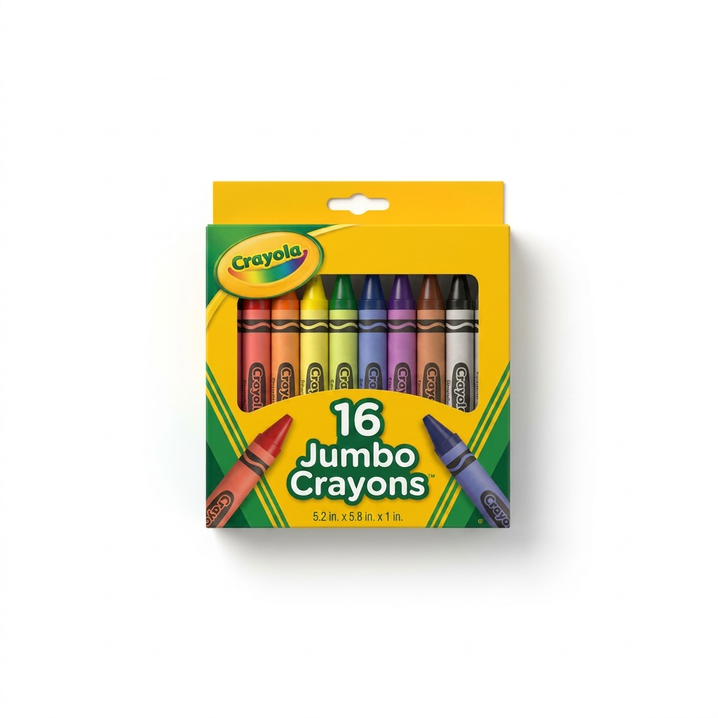 A yellow box of 16 Crayola Jumbo Crayons featuring thick, easy-to-grip colorful crayons for kids.