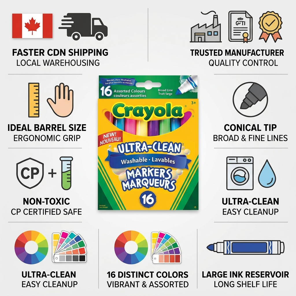 A 16-count set of Crayola Ultra-Clean Washable Broad Line Markers in a variety of vibrant colors.