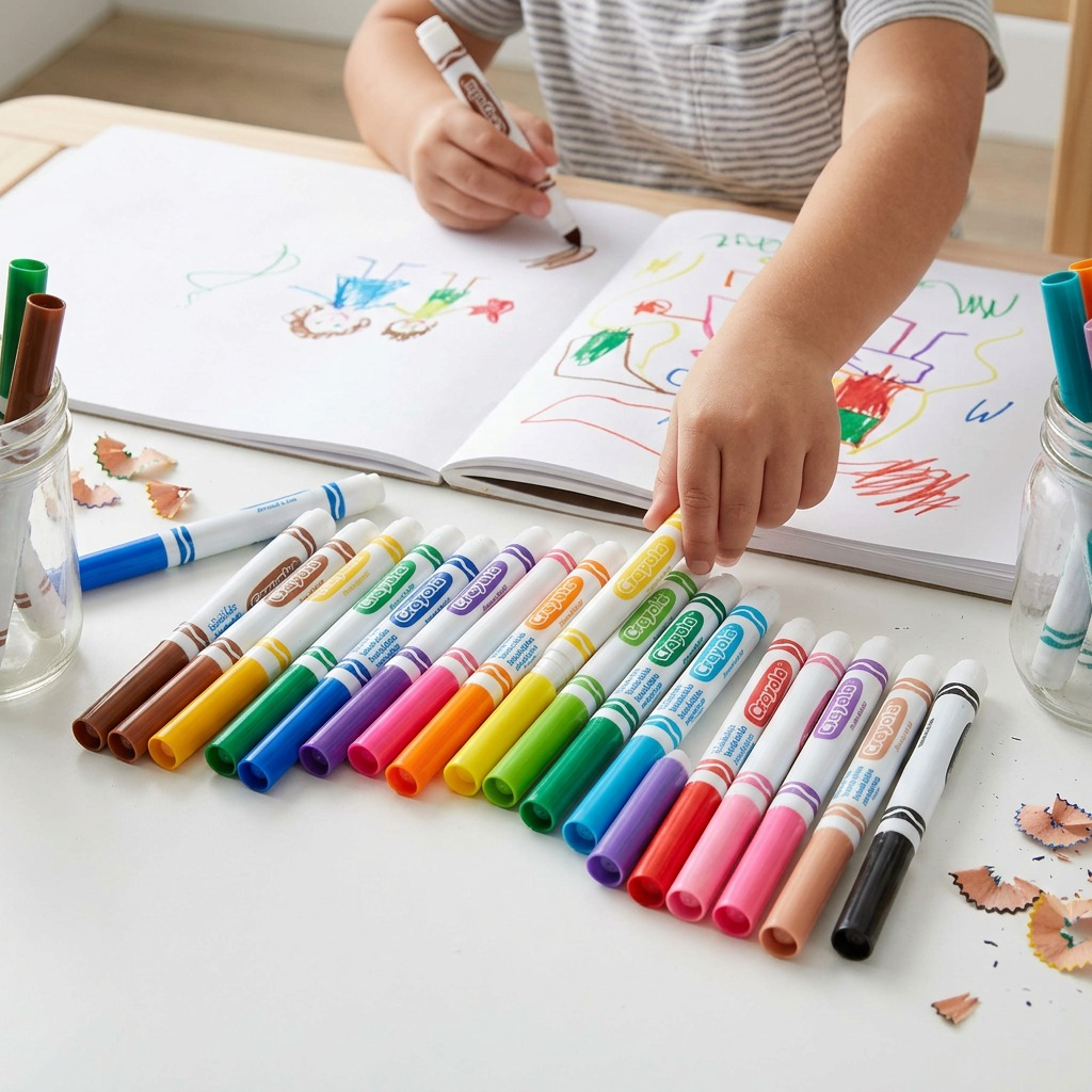 A child draws in a sketchbook using a variety of colorful Crayola Ultra-Clean broad line markers.