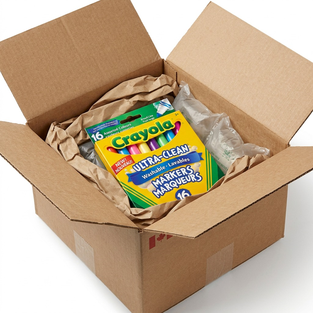 Open cardboard box showing Crayola Ultra-Clean 16-count markers safely packed with padding.