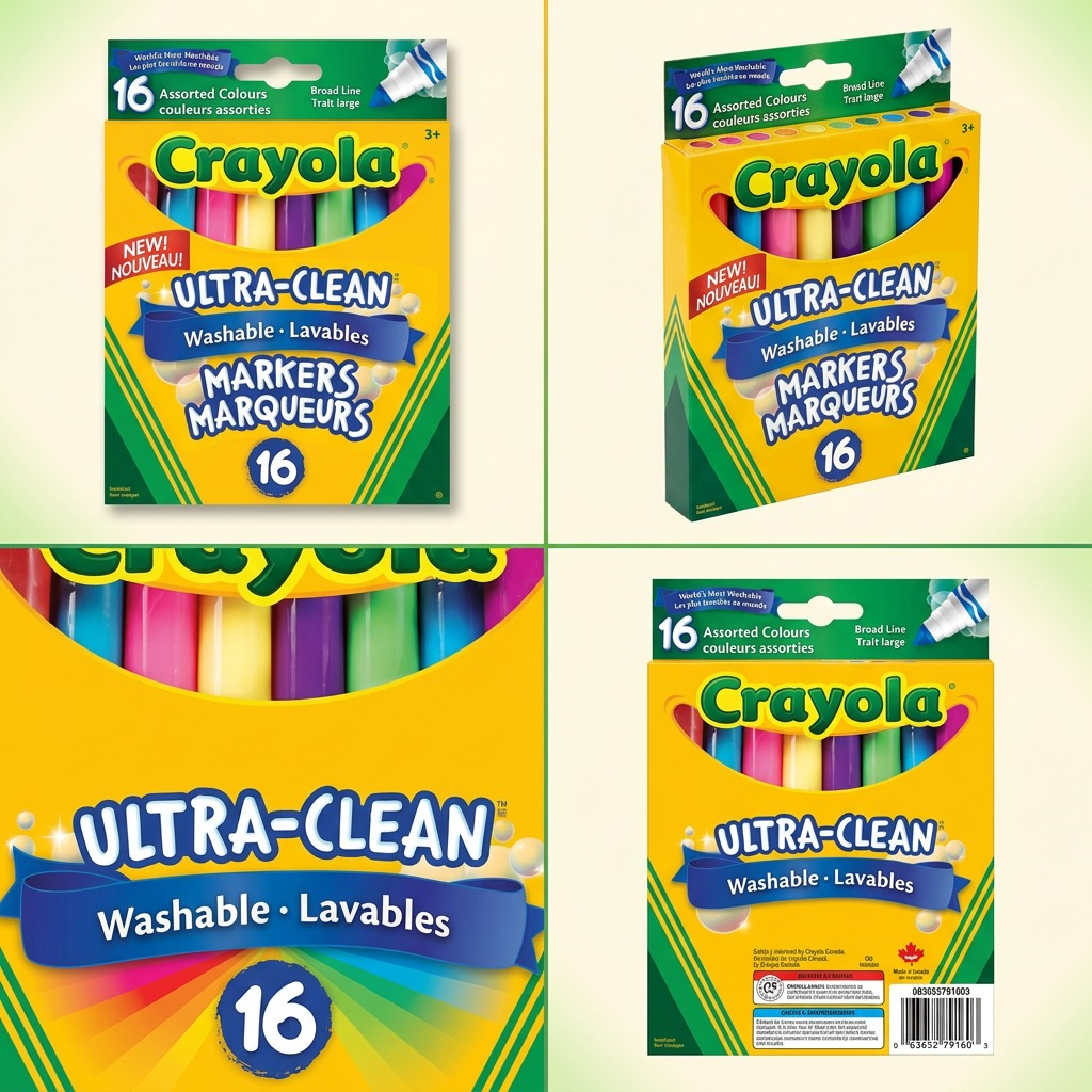 Matrix of Crayola Ultra-Clean 16-count washable markers shown from front, side, and close-up angles.