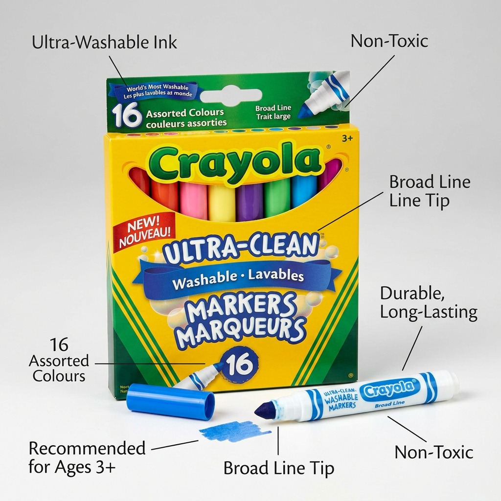 Crayola 16-count Ultra-Clean washable markers with callouts for broad line tips and non-toxic ink.