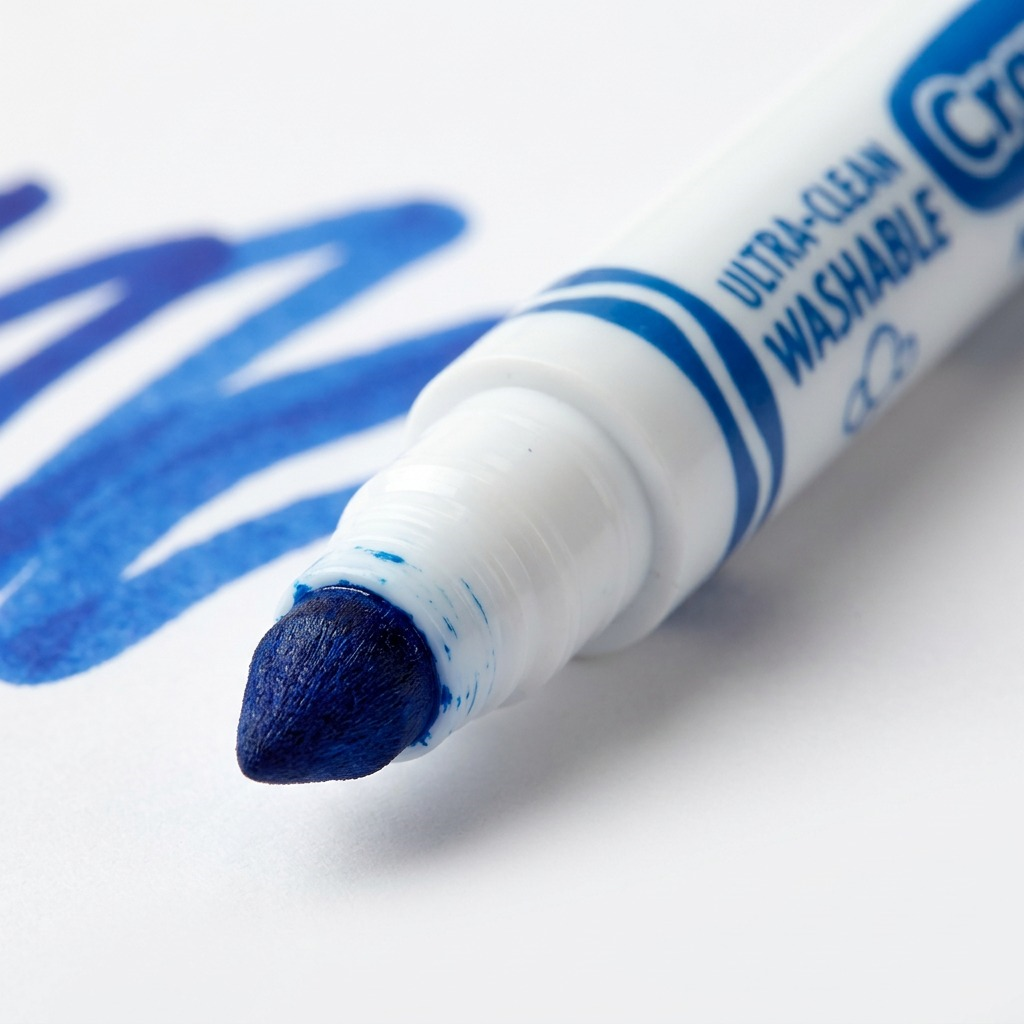 Macro detail of a blue Crayola Ultra-Clean Washable marker showing the conical felt broad line tip.