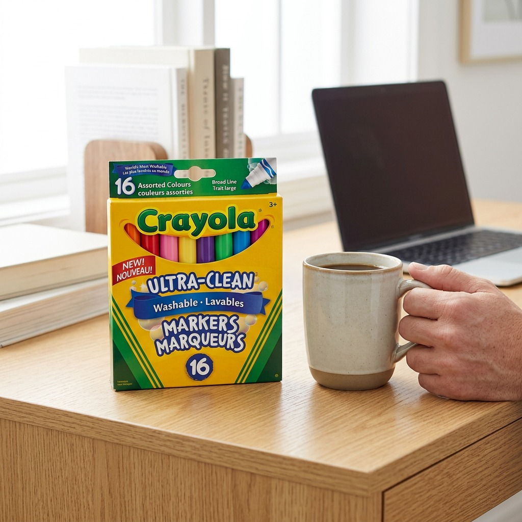 A pack of 16 Crayola Ultra-Clean Washable Markers on a wooden desk next to a coffee mug and laptop.