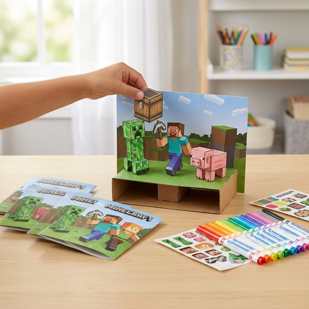 A child assembles the Crayola POPs 3D Minecraft Activity Set with markers and stickers on a table.