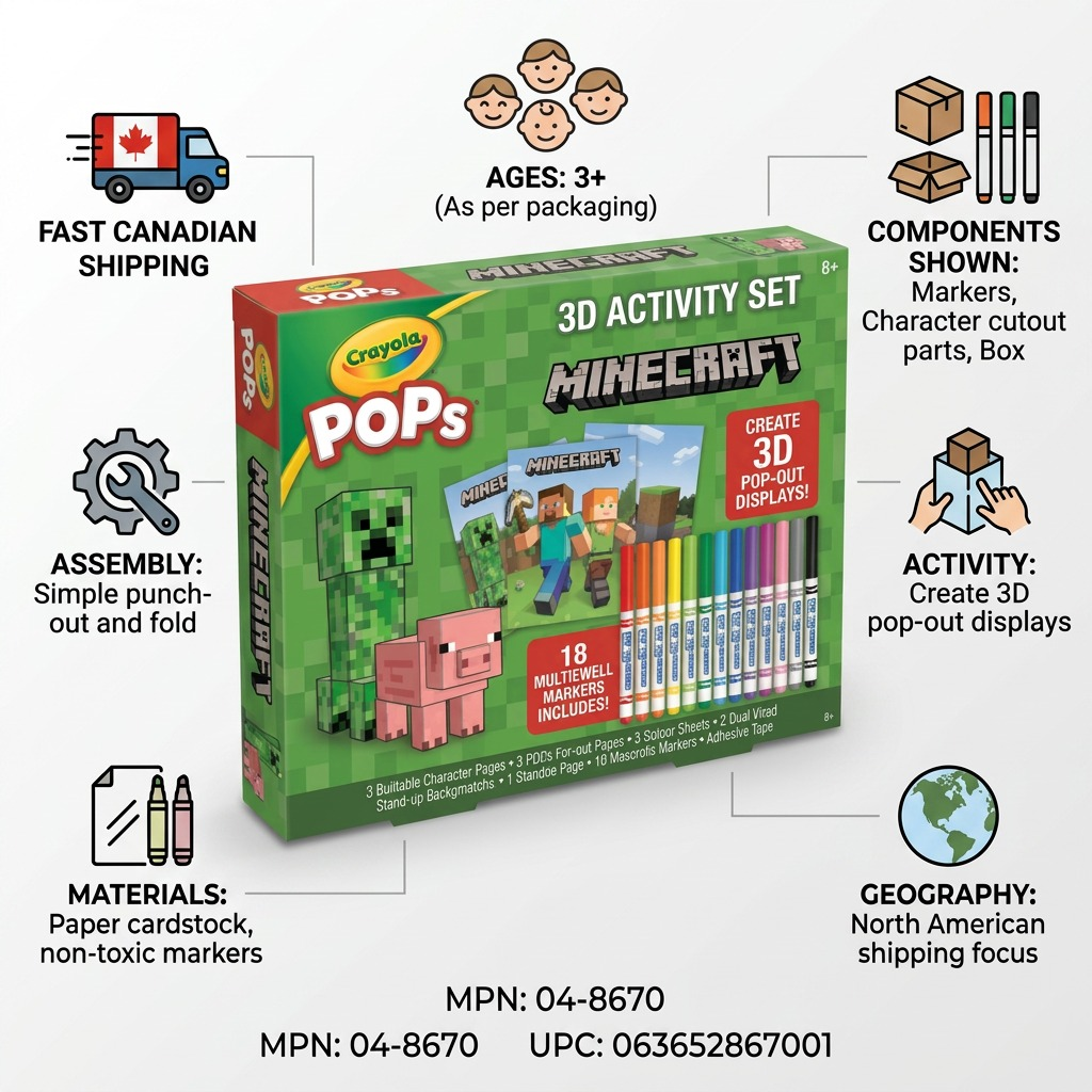 Infographic for Crayola POPs 3D Minecraft Set showing markers, cardstock, and fast Canada shipping.