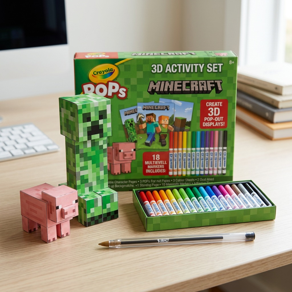 Scale reference: Crayola POPs 3D Minecraft Set with a paper Creeper and pig next to a standard pen.