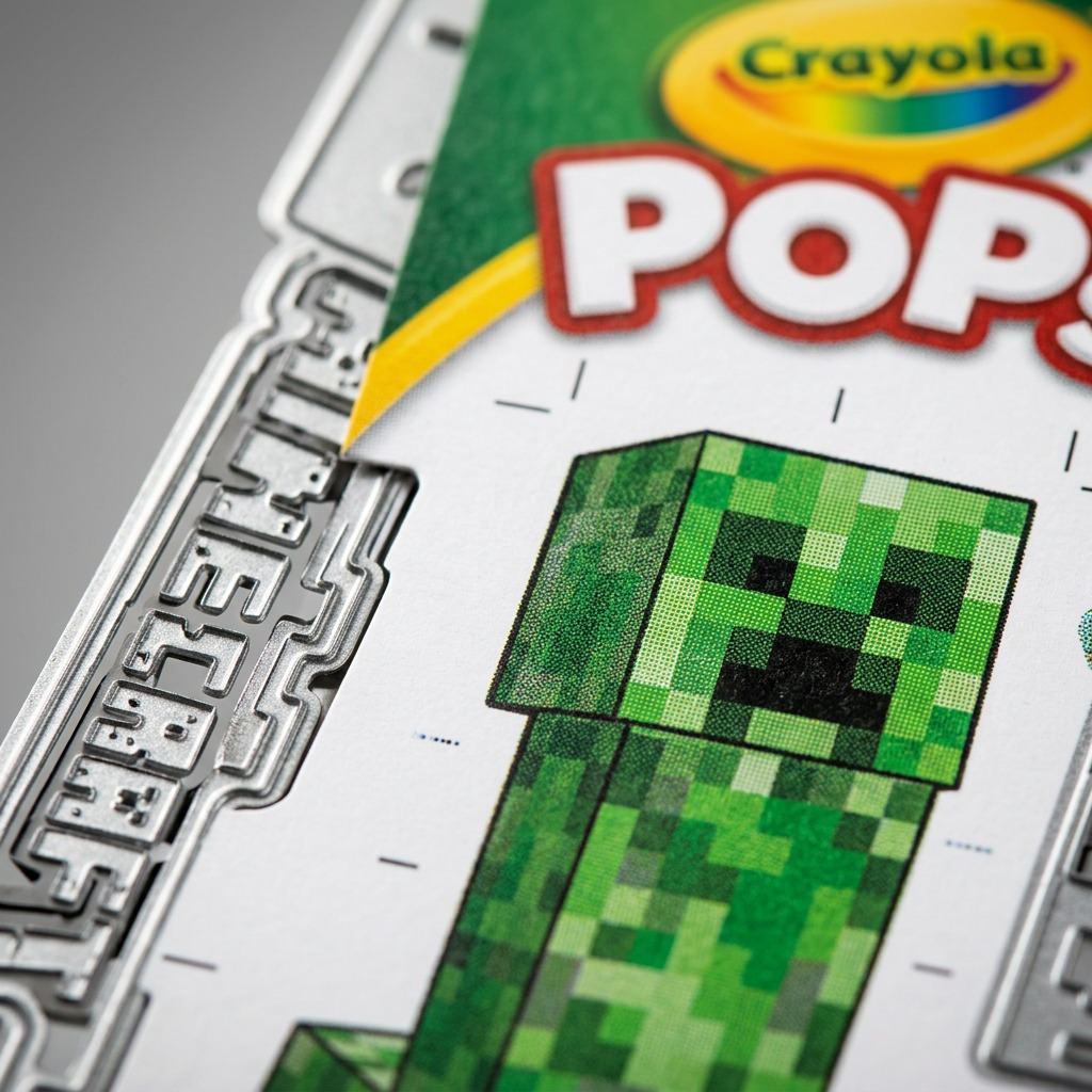 Macro detail of a Crayola POPs 3D Minecraft set showing pixel-art graphics and die-cut cardstock.