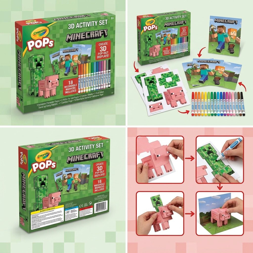 Grid showing Crayola POPs 3D Minecraft set packaging, included markers, and assembly step images.