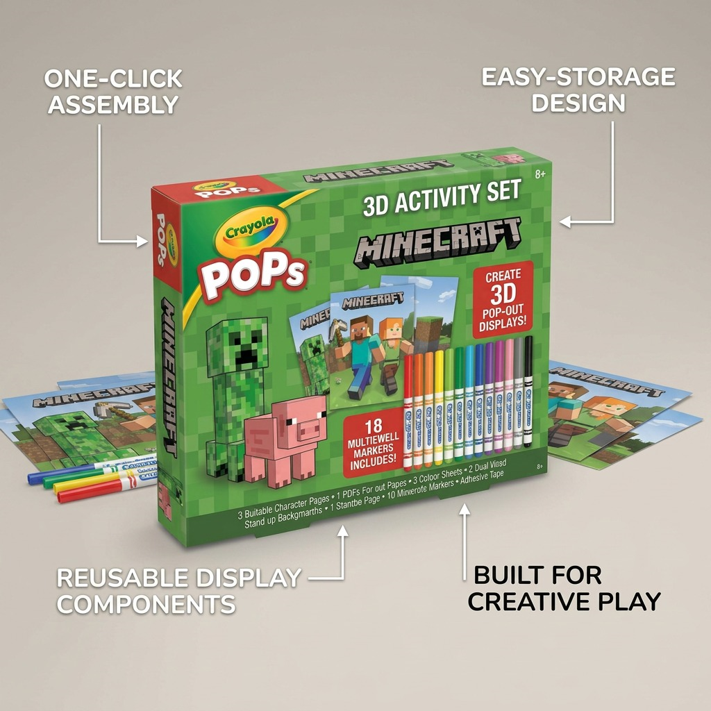 Crayola POPs 3D Minecraft Activity Set with 18 markers, pop-out characters and creative displays.