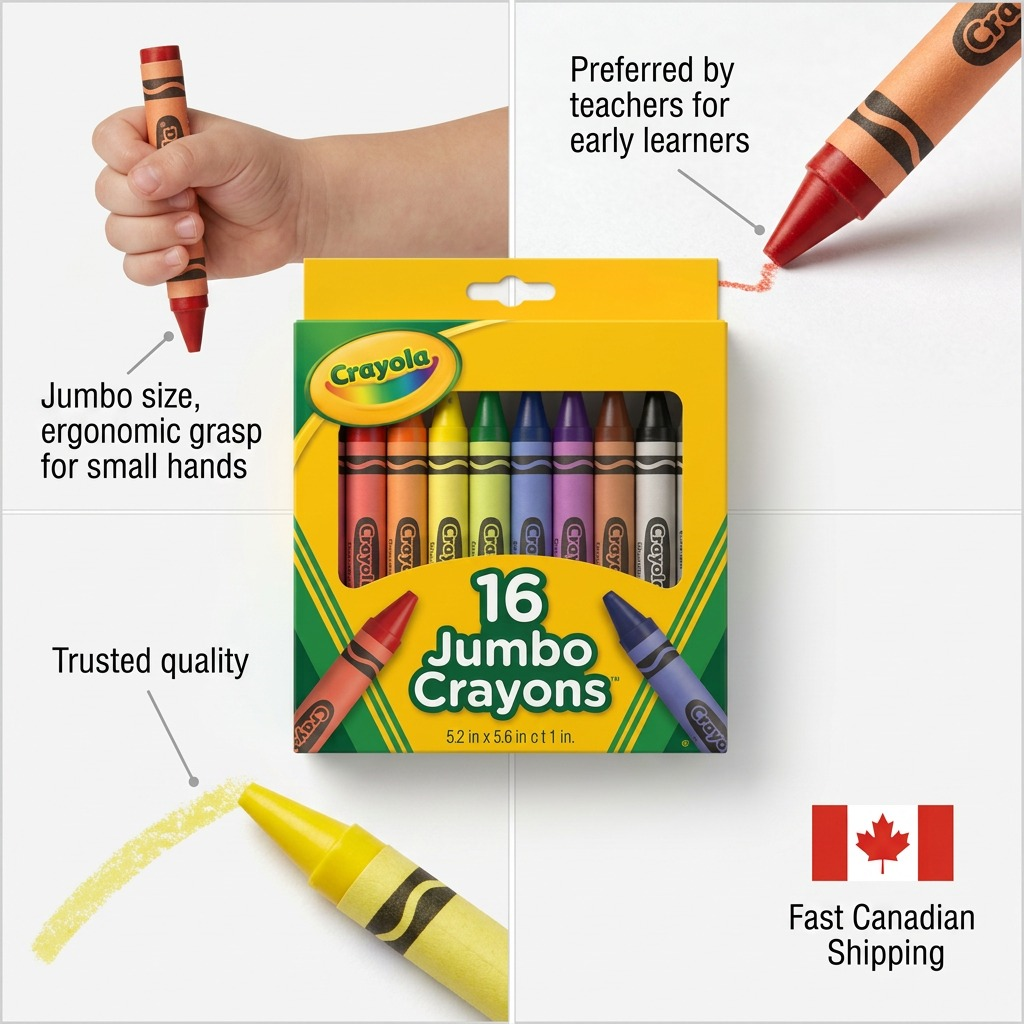 A yellow box of 16 Crayola Jumbo Crayons featuring thick, easy-to-grip colorful crayons for kids.