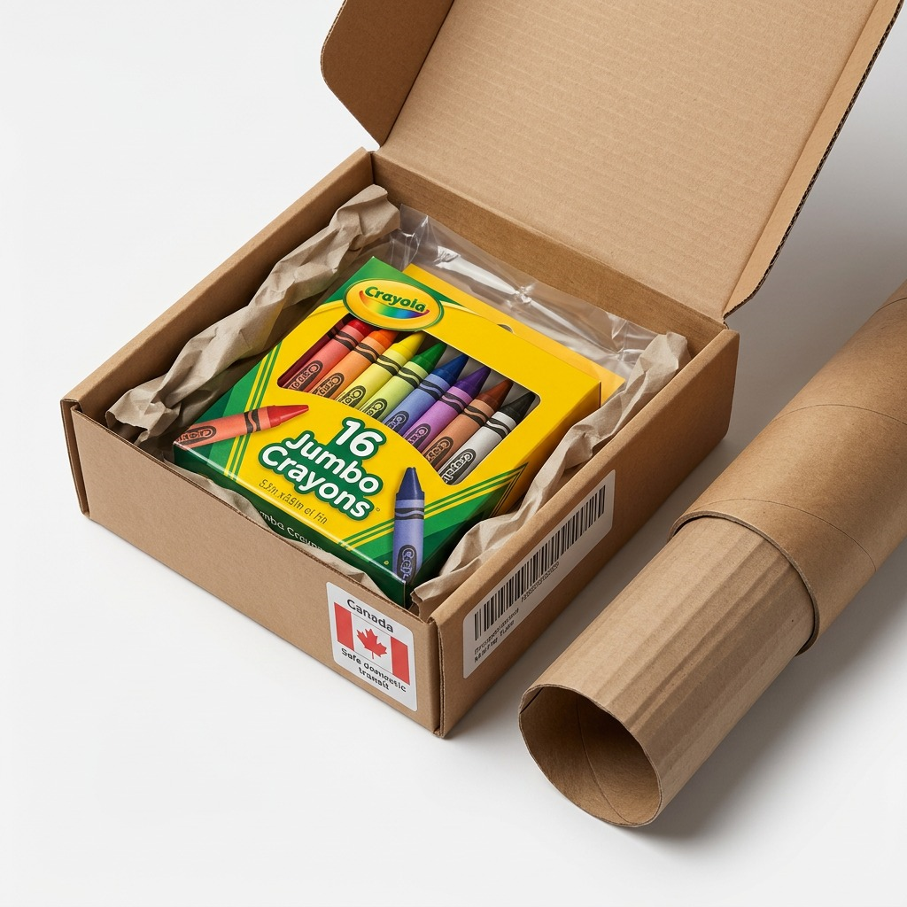 A box of 16 Crayola Jumbo Crayons inside an open shipping box with protective paper and a maple leaf.