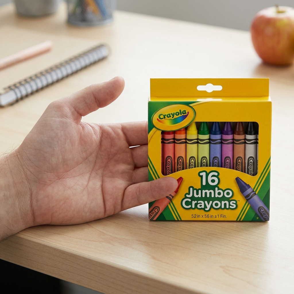 A hand held next to a pack of 16 count Crayola Jumbo Crayons for scale on a desk with an apple.