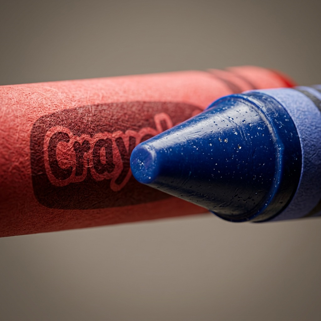 Extreme macro detail showing the smooth wax tip of a blue jumbo crayon and textured paper wrap.