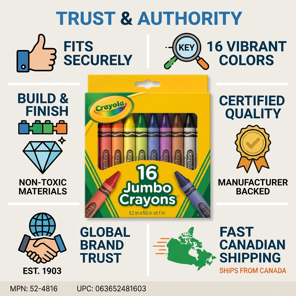 Infographic for Crayola 16 Jumbo Crayons highlighting non-toxic materials and fast Canadian shipping.