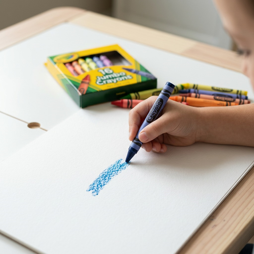 A child's hand using a thick blue Crayola Jumbo Crayon on white paper at a wooden table.