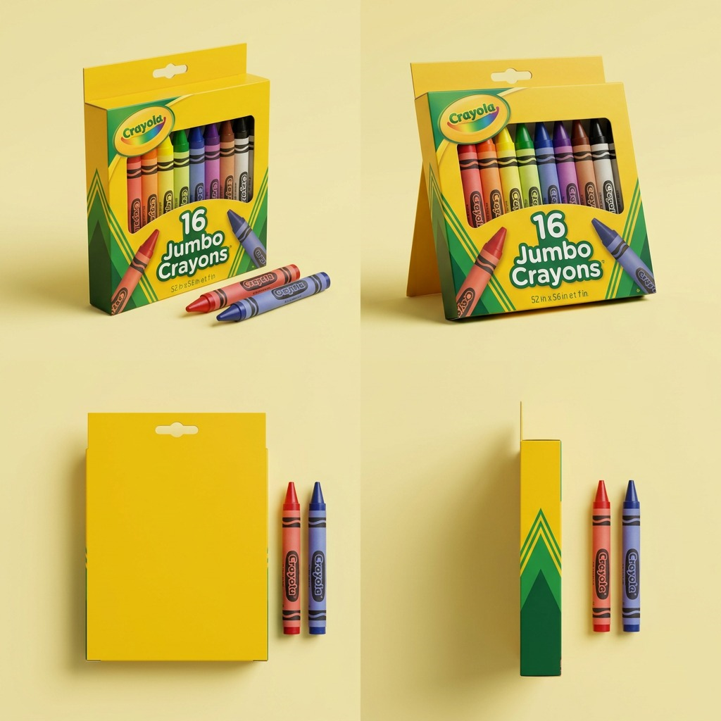 A grid showing Crayola 16 Jumbo Crayons from multiple angles: front, side, and flat back views.