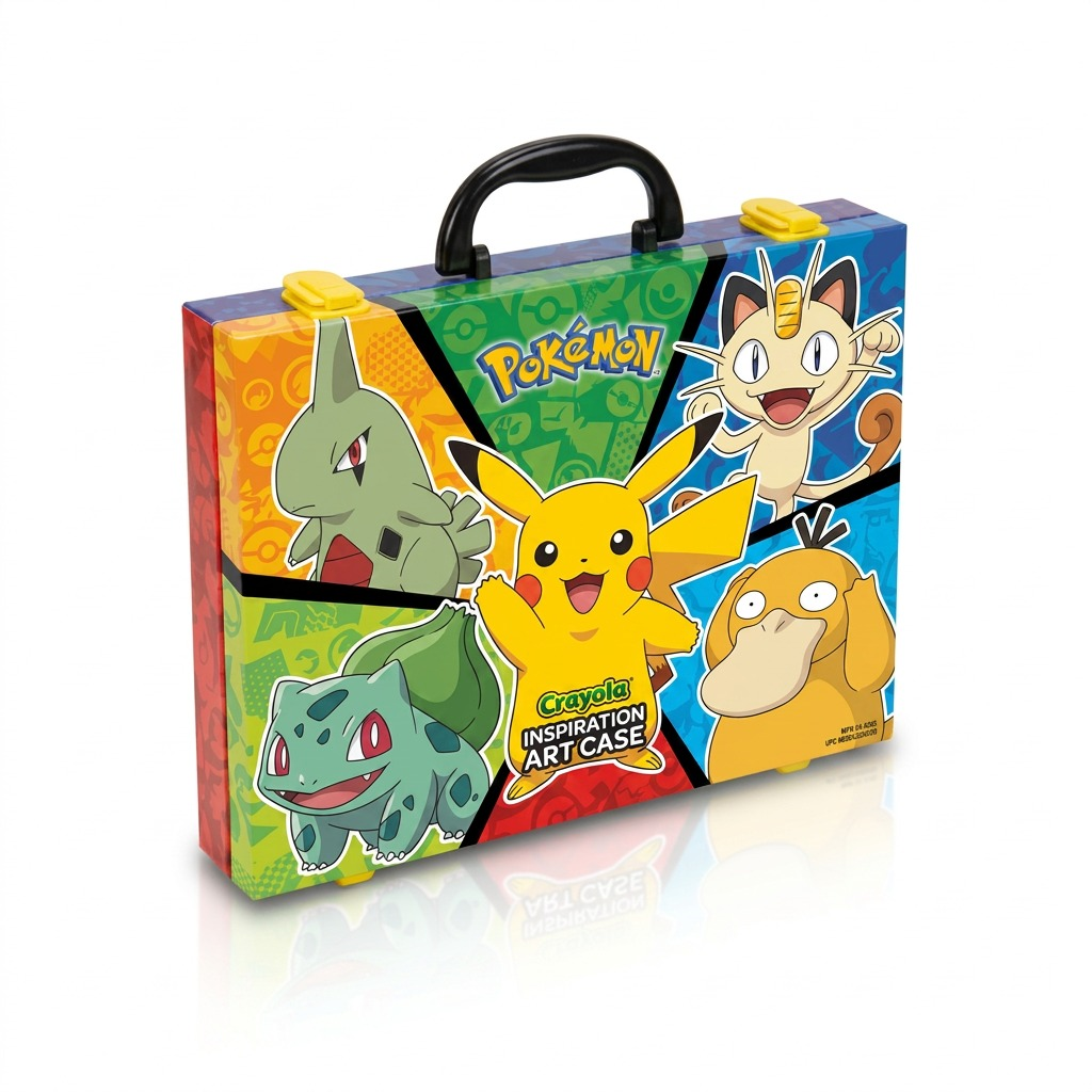Crayola Pokémon Inspiration Art Case featuring Pikachu, Bulbasaur, and other characters on a portable case.