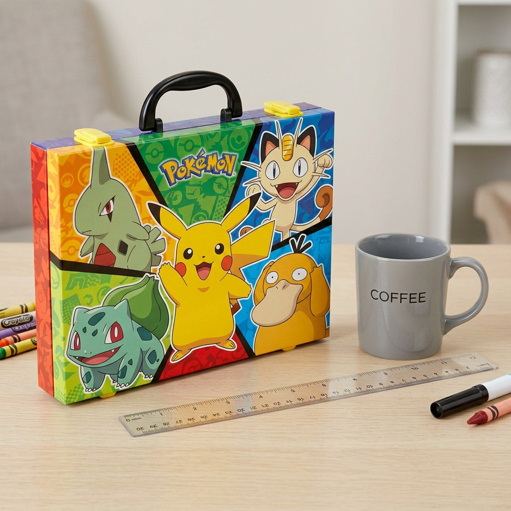Crayola Pokémon Inspiration Art Case featuring Pikachu, Bulbasaur, and other characters on a portable case.