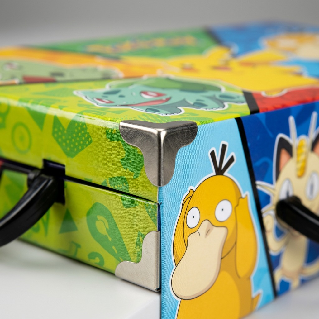 Close-up of the Crayola Pokémon Inspiration Art Case corner showing a reinforced metal protector.