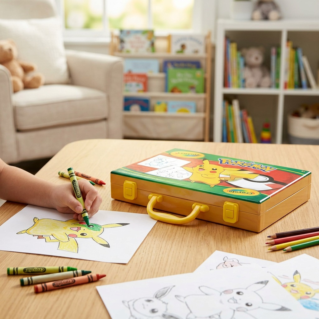 A child colors a Pikachu drawing next to the Crayola Pokémon Inspiration Art Case on a wooden table.