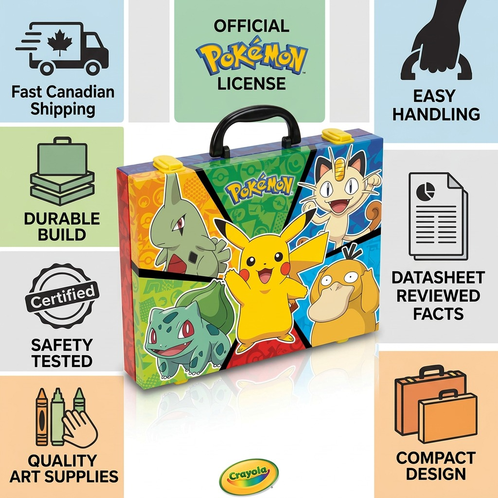 Crayola Pokémon Art Case infographic highlighting durable build, safety, and fast Canadian shipping.