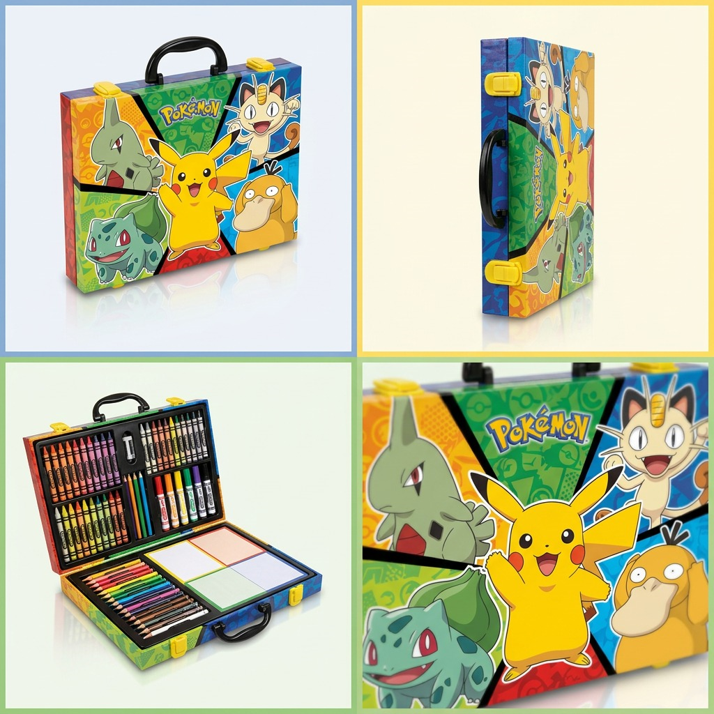Multiple views of the Crayola Pokémon Inspiration Art Case, showing the closed case and open set.