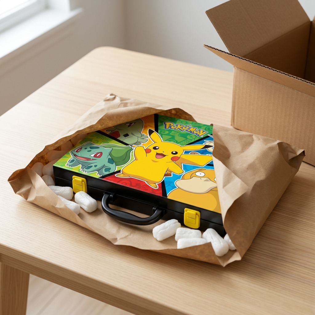A Pokémon Inspiration Art Case is safely unboxed from a parcel with protective packing material.