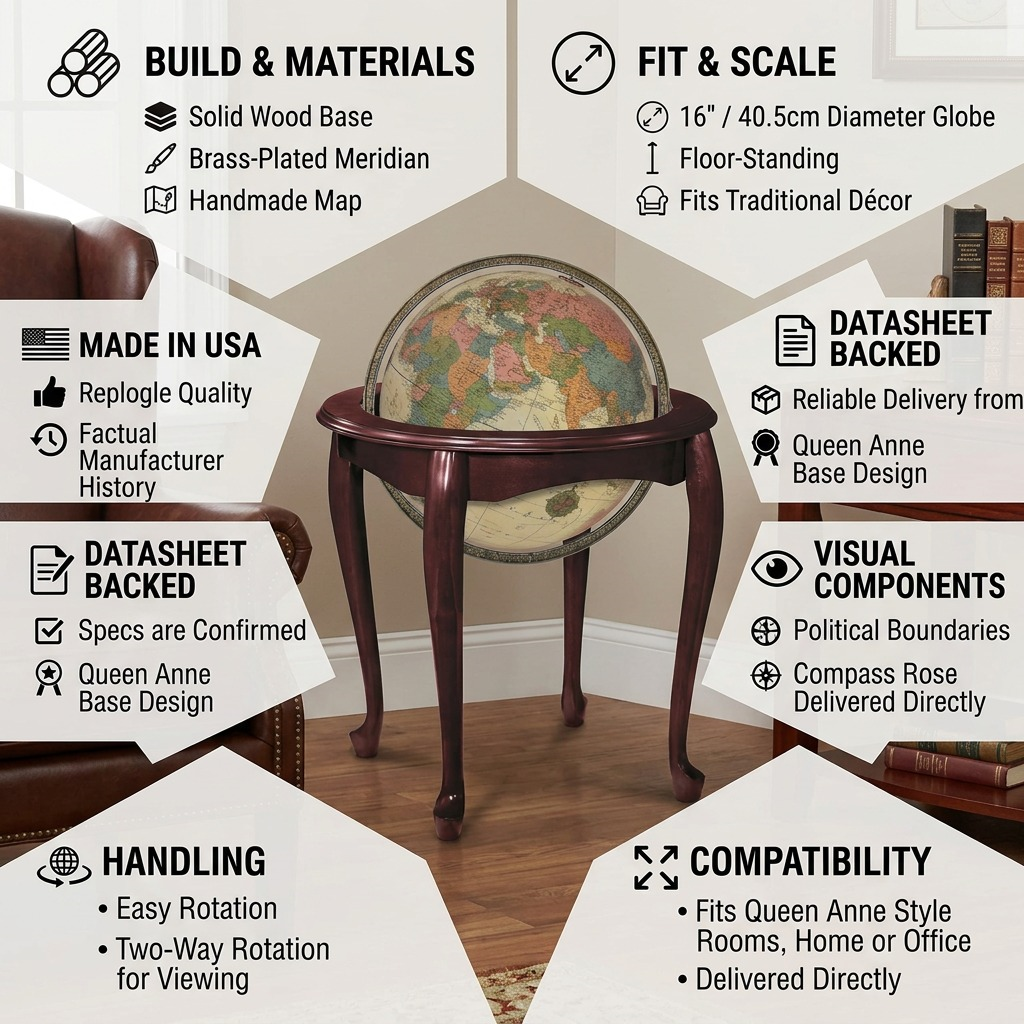 Replogle Queen Anne – Globe sur pied lumineux 16 po antique EN — Infographie présentant les caractéristiques