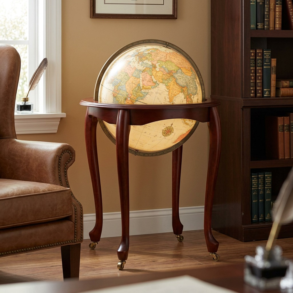 Replogle Queen Anne – Globe sur pied lumineux 16 po antique EN — Présentation dans un décor de bureau ou de maison