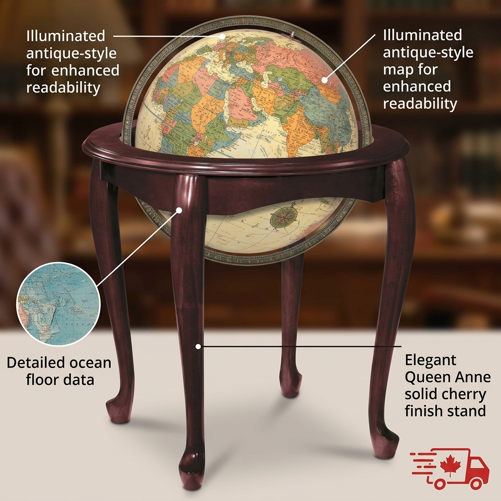 Replogle Queen Anne – Globe sur pied lumineux 16 po antique EN — Infographie présentant les caractéristiques