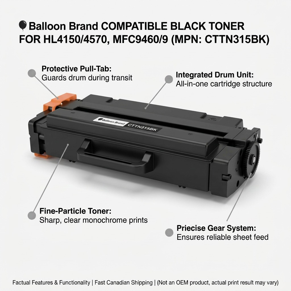 Operational feature callouts for Balloon Brand compatible TN315 black toner cartridge: protective tab, drum, fine toner, gear.