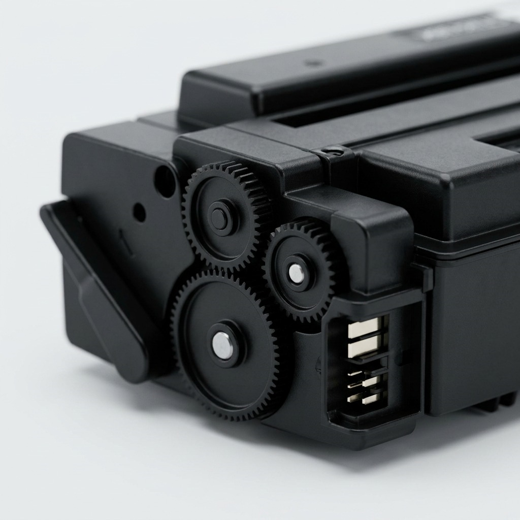 Extreme close-up of the precise mechanical gears and connector contacts on the toner cartridge's side.