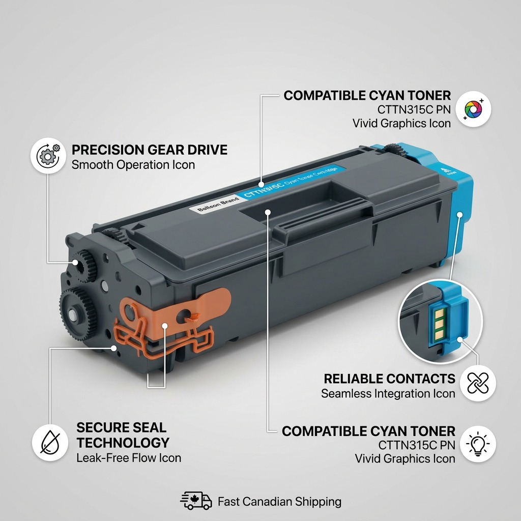 A clean, high-angle ecommerce hero shot of the Balloon Brand compatible cyan toner cartridge for HL4150 series, featuring crisp details, realistic textures, and a pure white background.