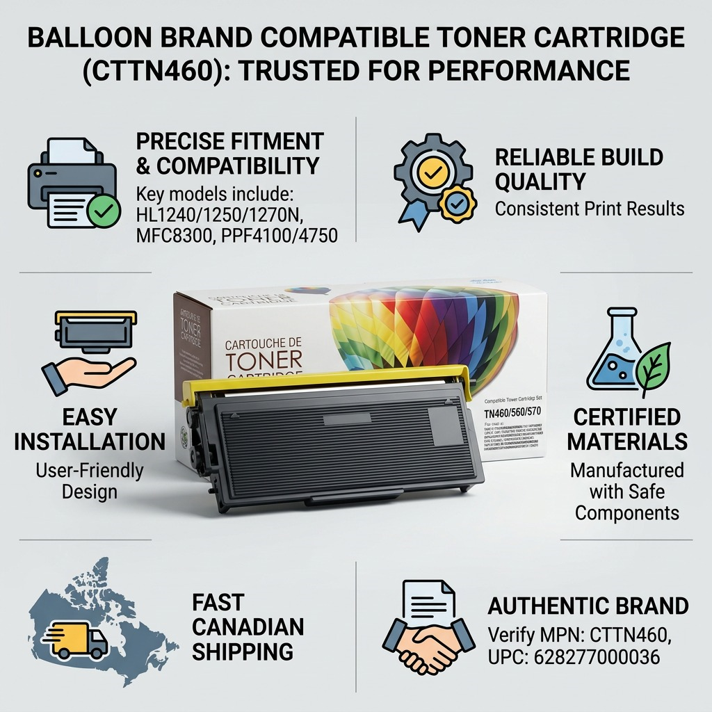 Trust and authority infographic for Balloon Brand CT TN460 compatible toner cartridge for printers.