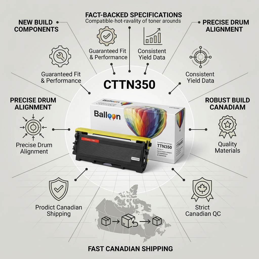 A reliability infographic for the Balloon Brand TN350 black toner cartridge with its retail box, surrounded by confidence icons and factual text. It features precise fitment for printers like Brother HL-2040 and HL-2070, new premium parts, Canadian testing, and fast national shipping. The style is clean and trust-focused.