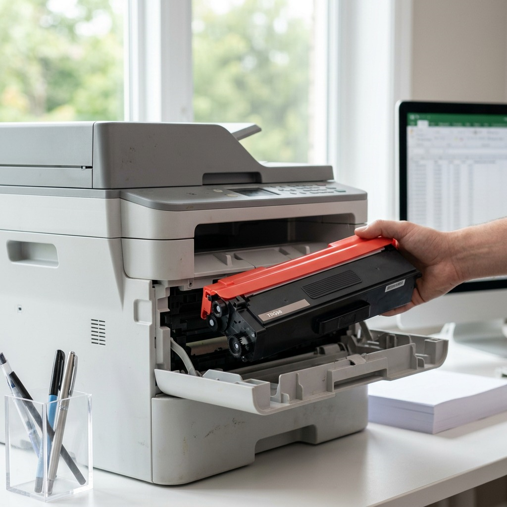 High-resolution hero shot of a recycled Brother TN336 black toner cartridge, matching image_0.png.