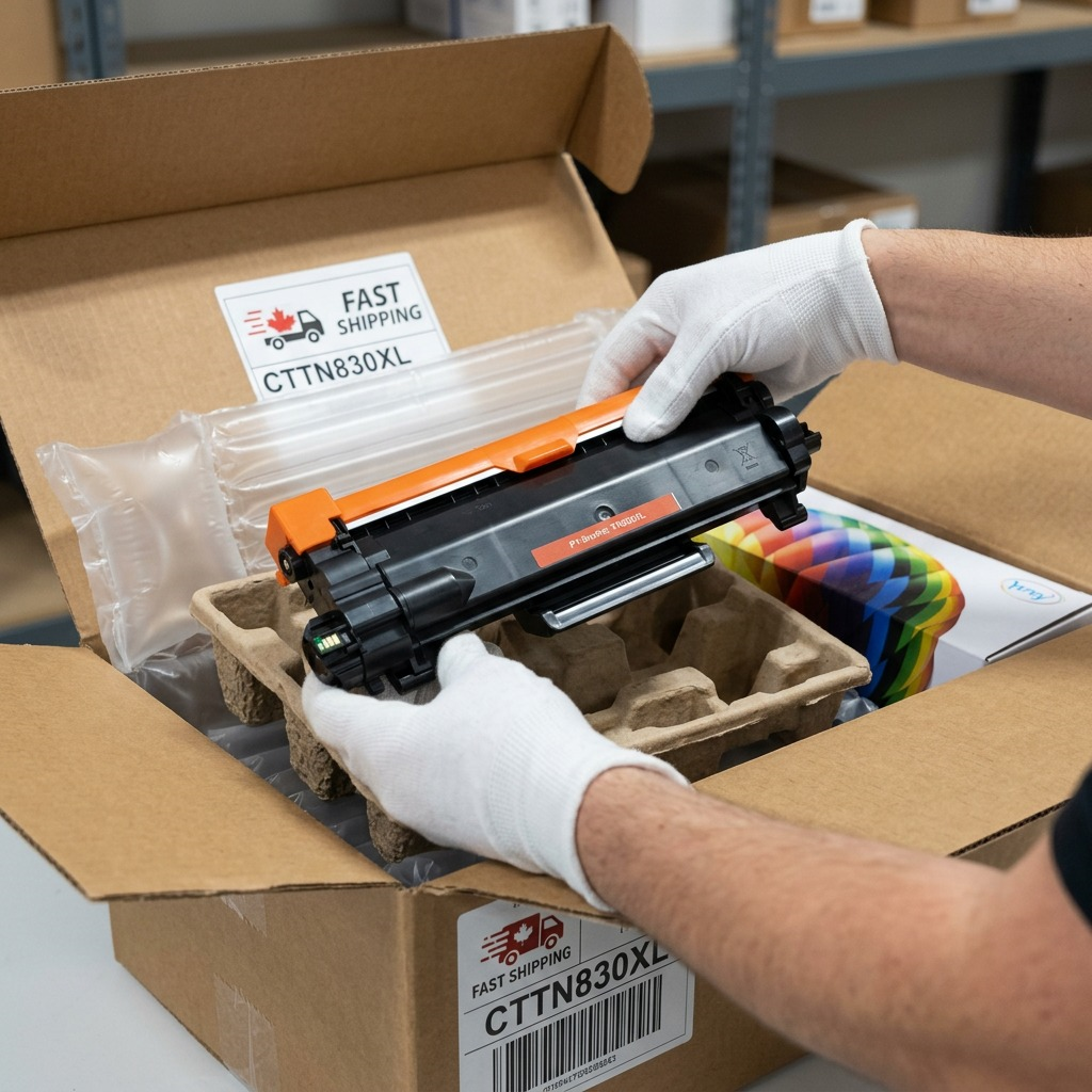 High-resolution photo showing a black TN830XL toner cartridge in protective airbags and box.
