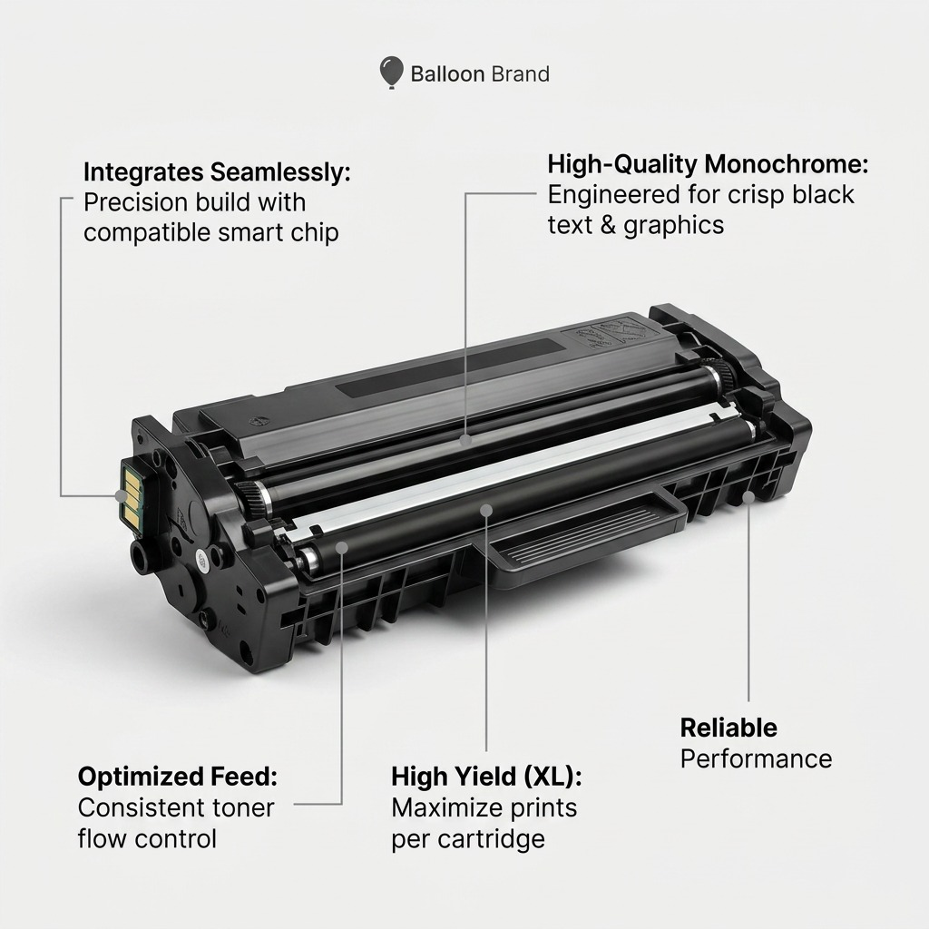 Product feature diagram for TN229XLBK black toner, pointing to key components and performance benefits.