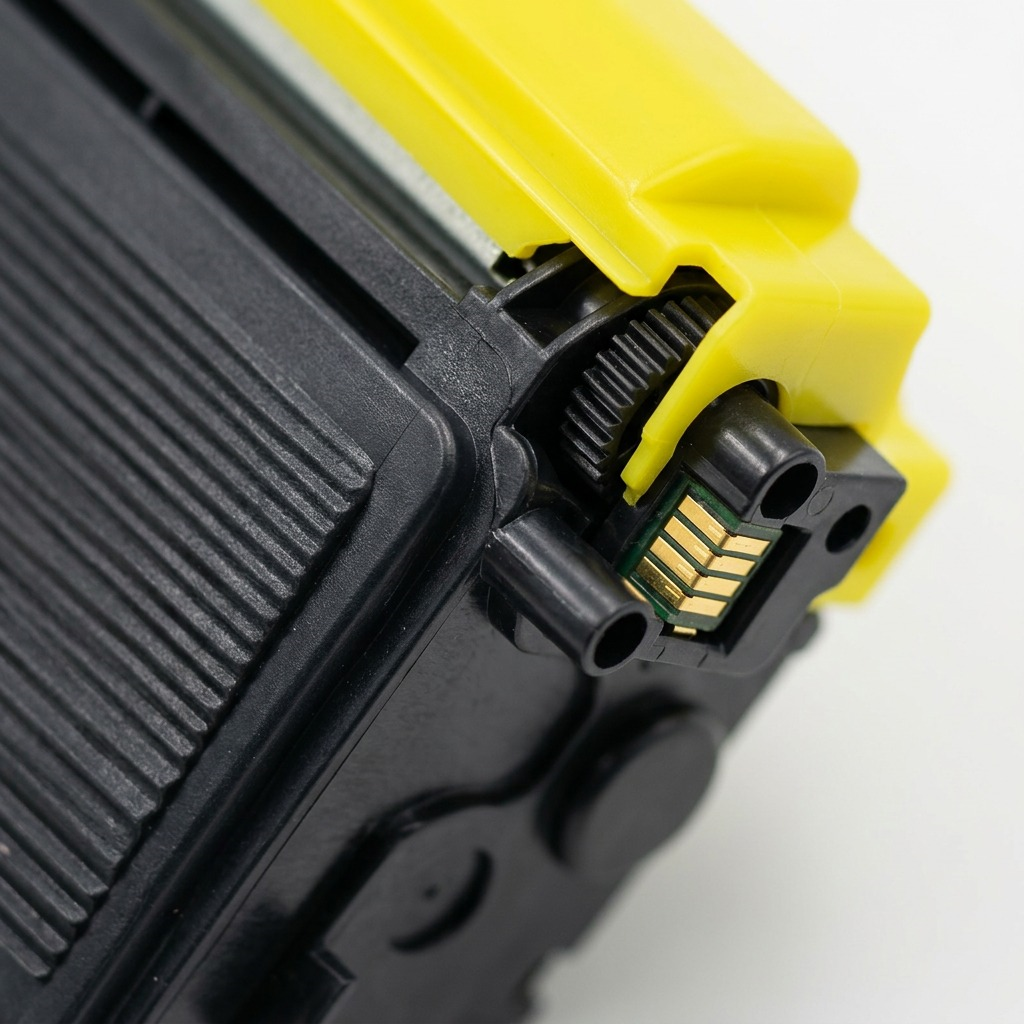 A macro photograph focuses on the intricate texture of the black toner cartridge surface and its connectors.