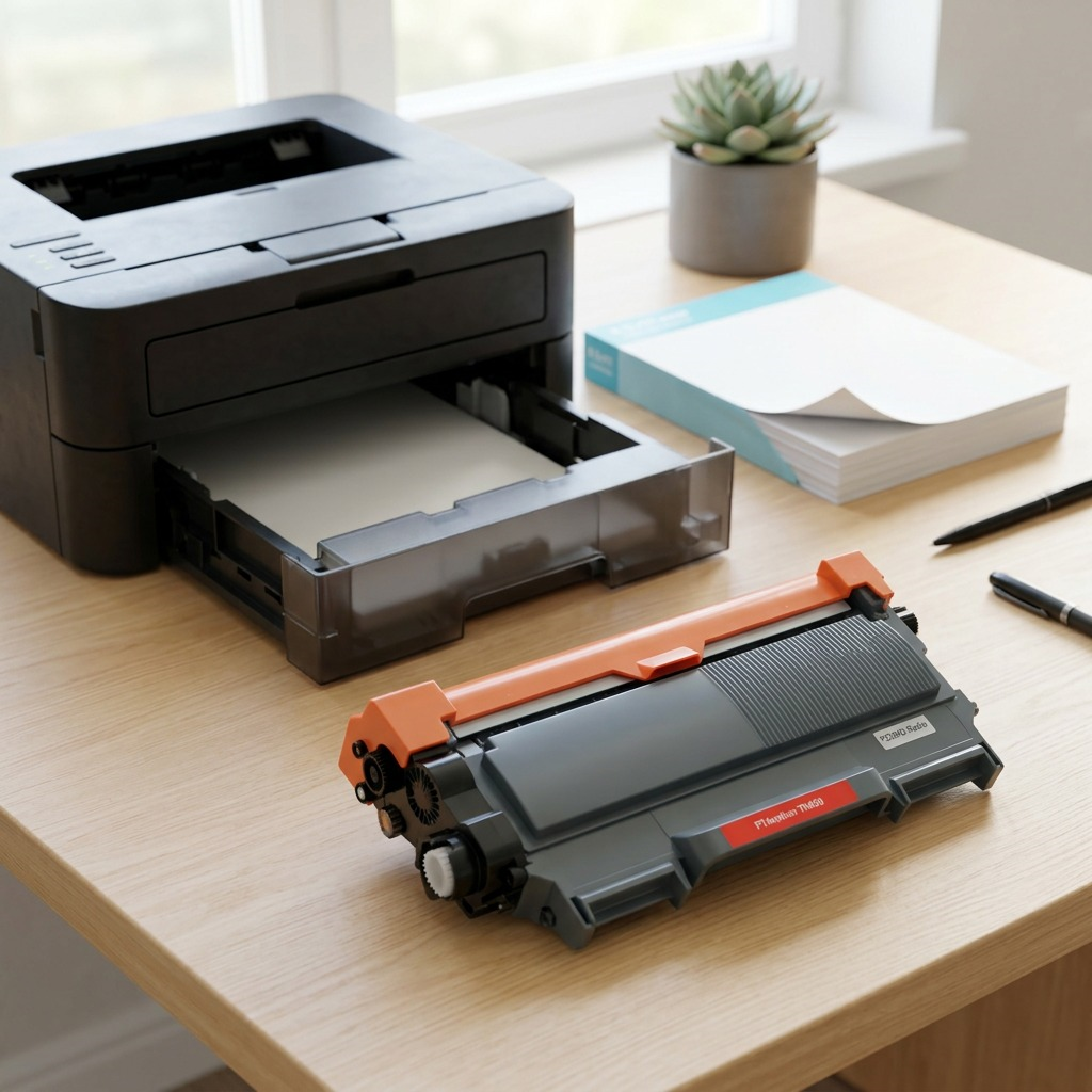 A lifestyle photo showing the TN450 compatible toner for Brother printers sitting on a clean office surface next to an open paper tray.
