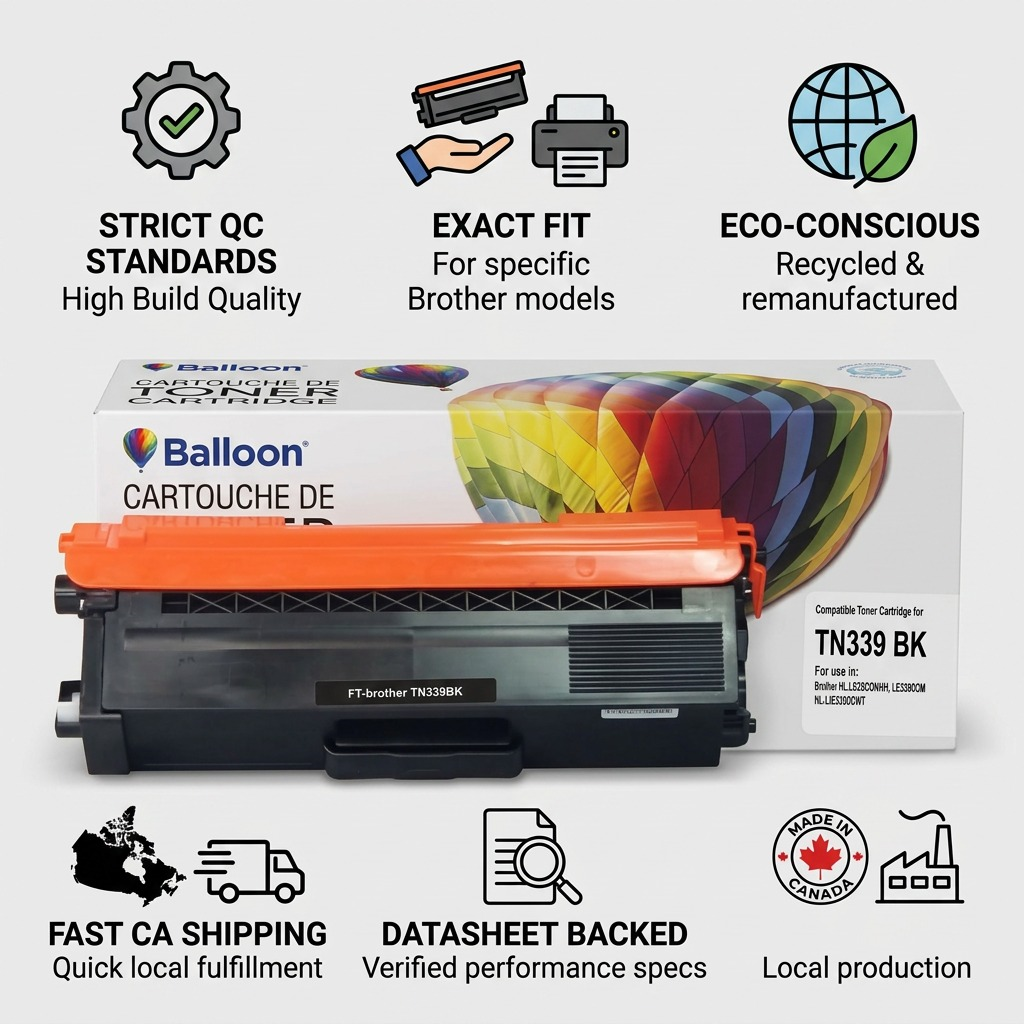 An infographic featuring the Balloon Brand recycled toner cartridge and retail box from image_0.png, surrounded by six trust icons on a neutral background. Cues cover QC standards, exact fit, eco-conscious build, fast Canadian shipping, datasheet verification, and local production. Text is short and clear.