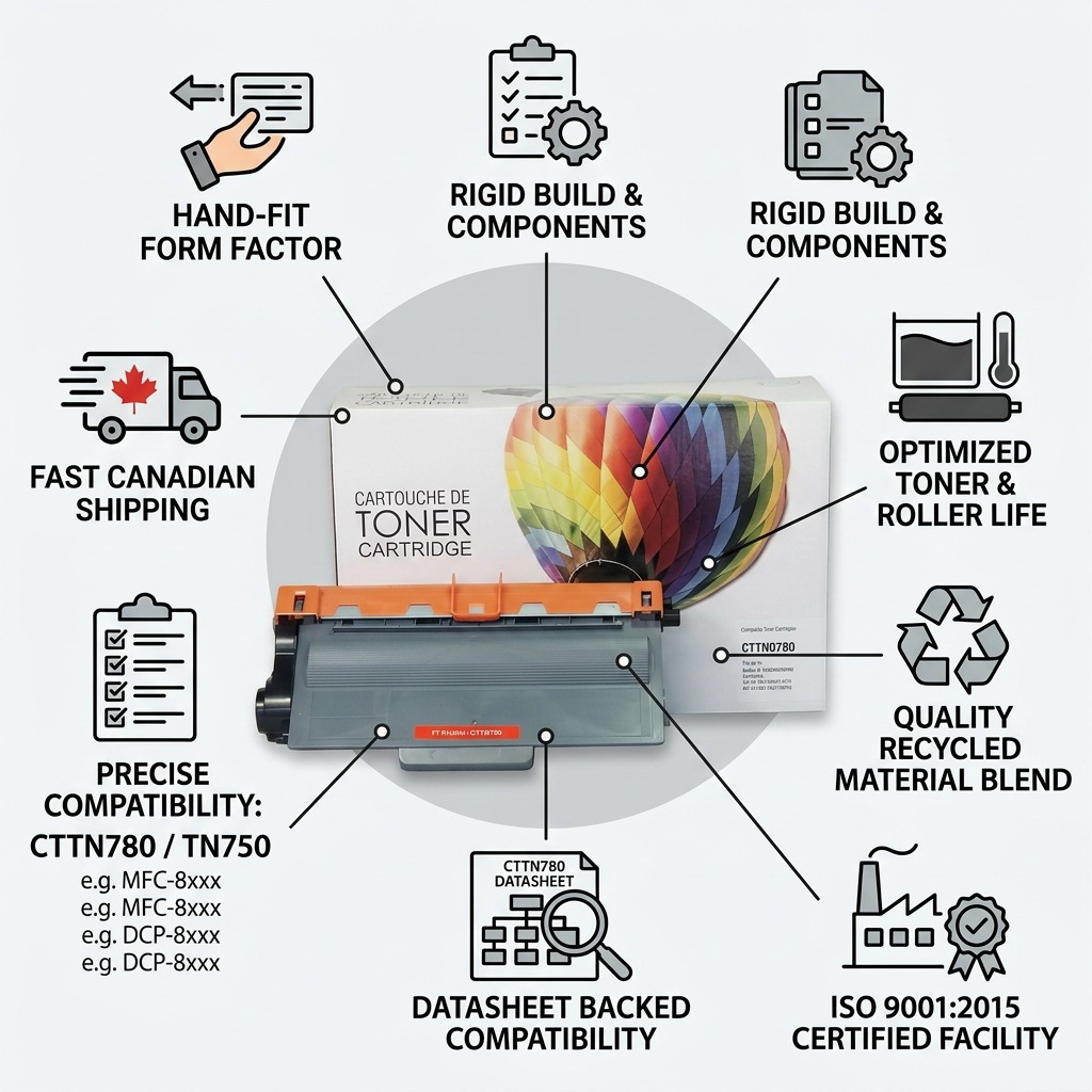 Trust and authority infographic image for the CTTN780/TN750 companion toner, detailing its quality components, direct fit compatibility, high manufacturing standards, and fast Canadian shipping.