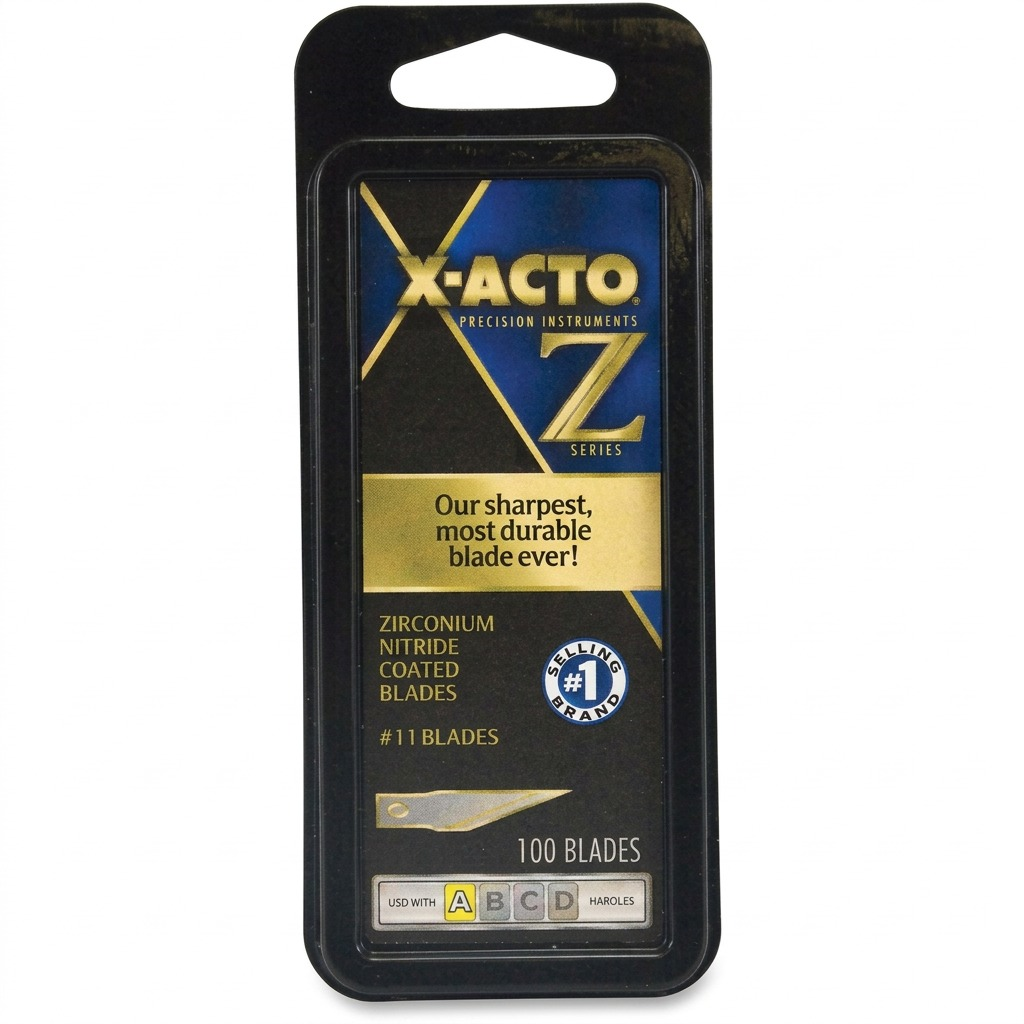 X-ACTO Z-Series #11 Zirconium Nitride Coated Blades, 100-pack in black and gold retail dispenser.