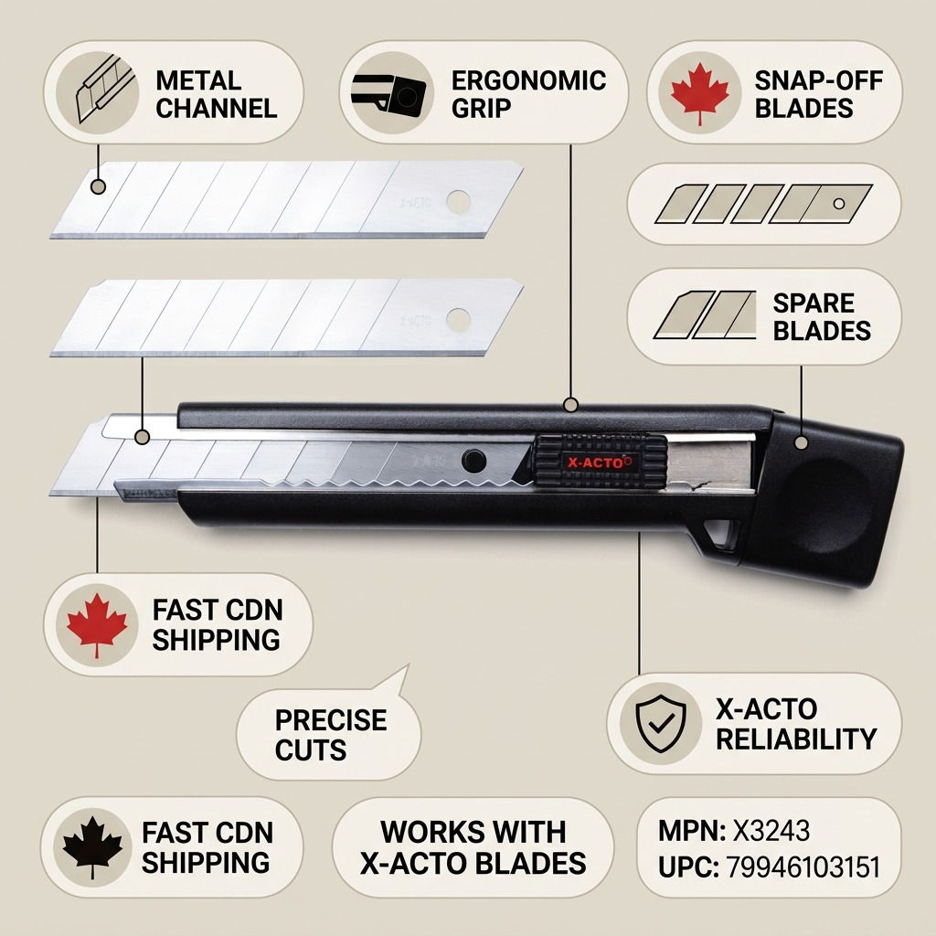 X-ACTO high-duty snap-off utility knife with two spare 8-point blades on a white background.