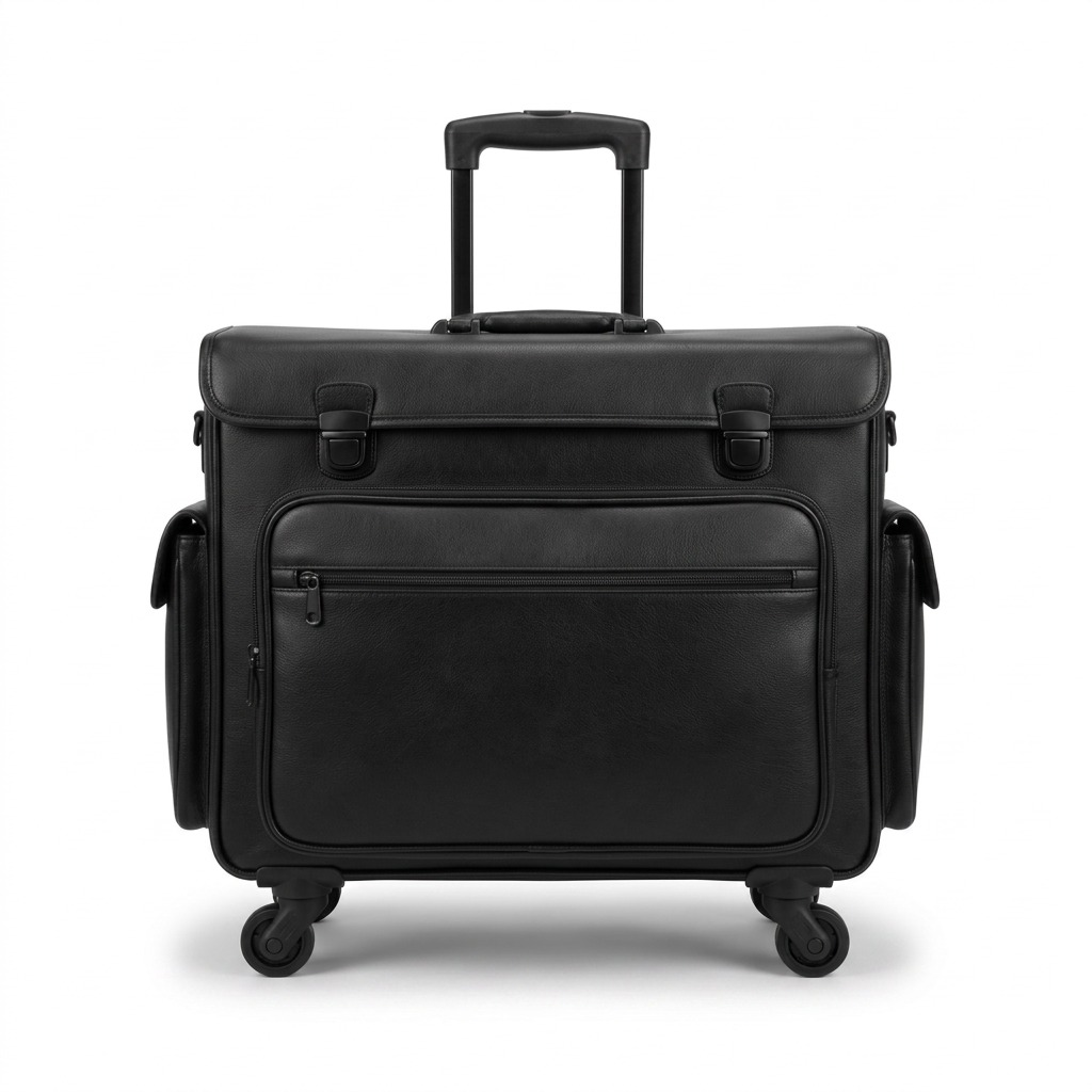 High-resolution ecommerce hero shot of a black leather wheeled catalog case on white background.